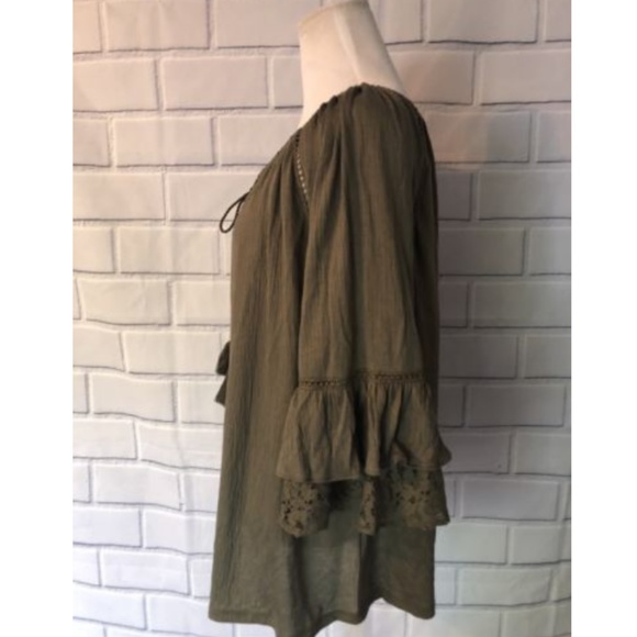 Olive Bell Sleeve Blouse Drawstring Tassel Top - Picture 2 of 7